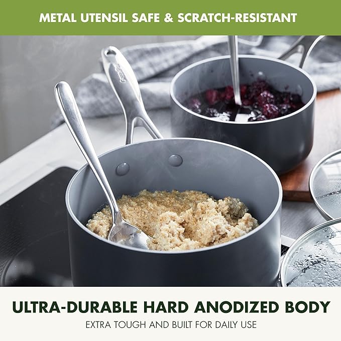 GreenPan Valencia Pro Hard Anodized Healthy Ceramic Nonstick 1.66QT and 3.3QT Saucepan Pot Set with Lids, PFAS-Free, Induction, Dishwasher and Oven Safe, Gray