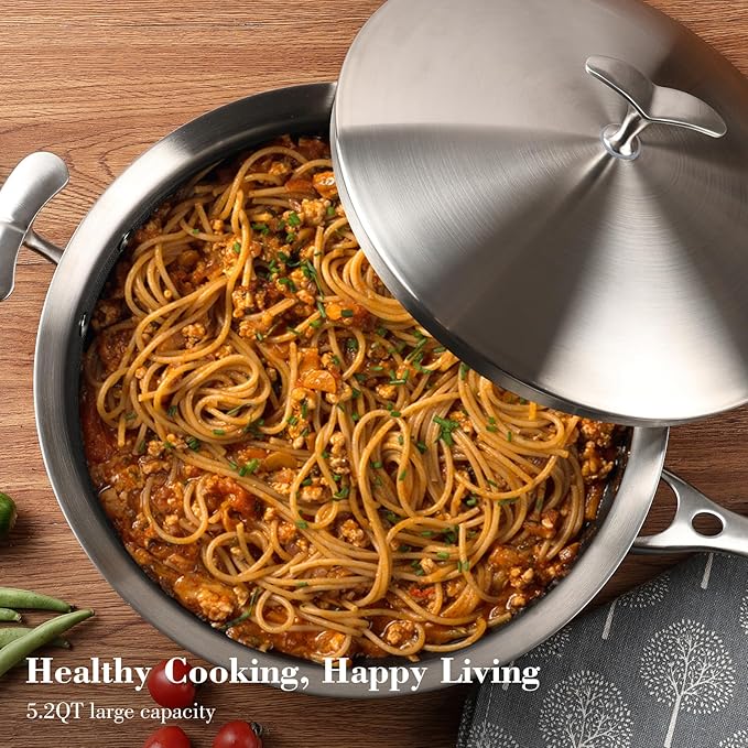 12 Inch Frying Pan Non Stick with Lid, Tri-ply Stainless Steel Saute Pan 5.2QT with Stainless Steel Lid, Fast and Even Heating Stay Cool Handles Induction Dishwasher & Oven Safe PFOA Free Cookware