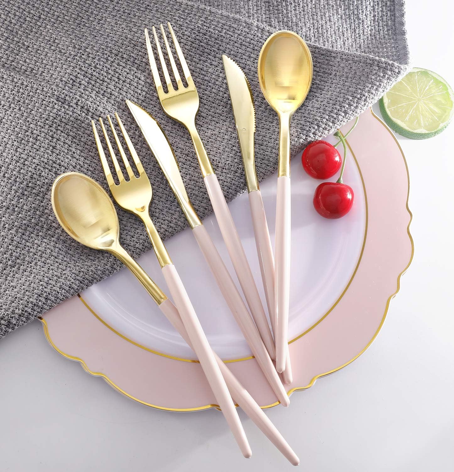 I00000 144Pcs Pink Plastic Silverware, Gold Disposable Flatware with Pink Handle, Gold Plastic Cutlery Set Includes: 48 Forks, 48 Knives and 48 Spoons Perfect for Party & Wedding