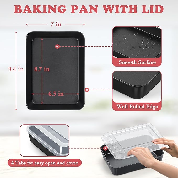 E-far Toaster Oven Baking Pan with Lid, 9.4 x 7 Inch Nonstick Stainless Steel Rectangle Cake Pan with Cover for Baking Small Brownies, Stainless Steel Core & Nonstick Coating, Non-toxic & Oven Safe