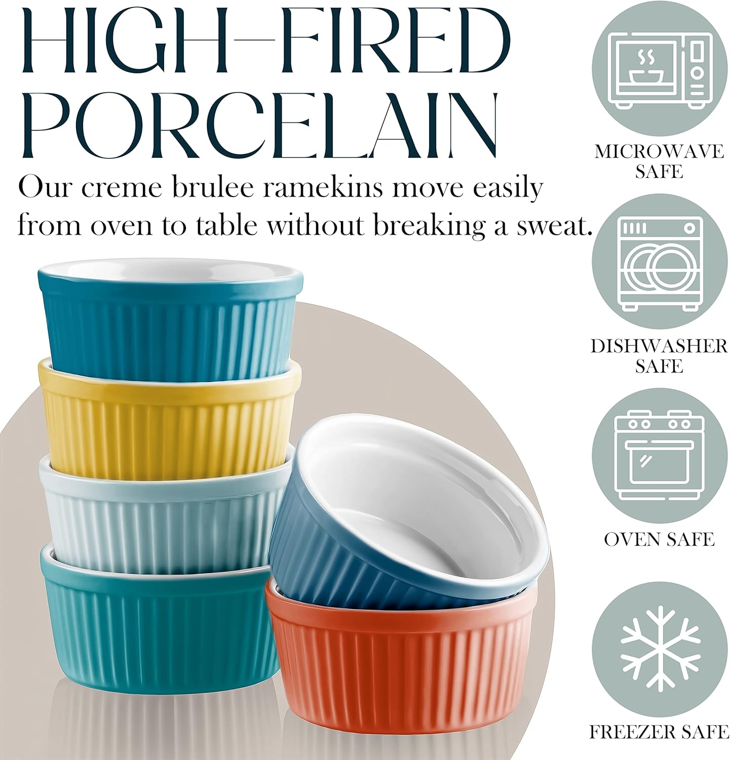 Bellemain 4 oz Porcelain Mini Bowls | Ramekins, Custard Cups, Mini Cheesecake Pans, Small Baking Dish, Dipping Sauce Bowls, Small Casserole Dishes, Ramekins Oven Safe to 500F, Set of 6 (Multi)