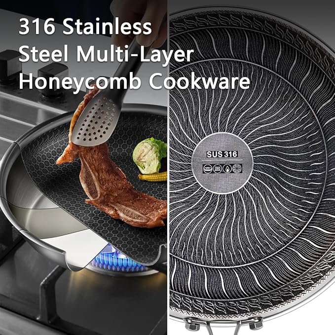 Stainless Steel Pan, Nonstick Frying Pan with Glass Lid, 12.4inch PFOA-Free, Stay-Cool Handle Easily Cleaned Induction Cooktops are Suitable, Compatible with All Cooktops