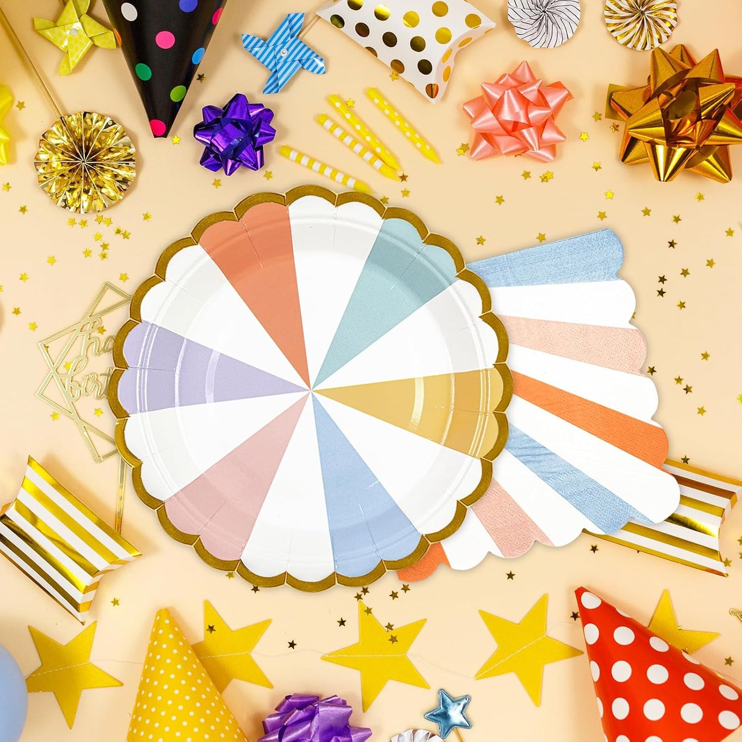 50PCS Colorful Striped Paper Plates and Napkins Party Supplies, 7 inch Disposable Gold Foil Scalloped Dessert Plate Pastel Party's Favors for Birthday Wedding Bachelorette Candy Party Decorations