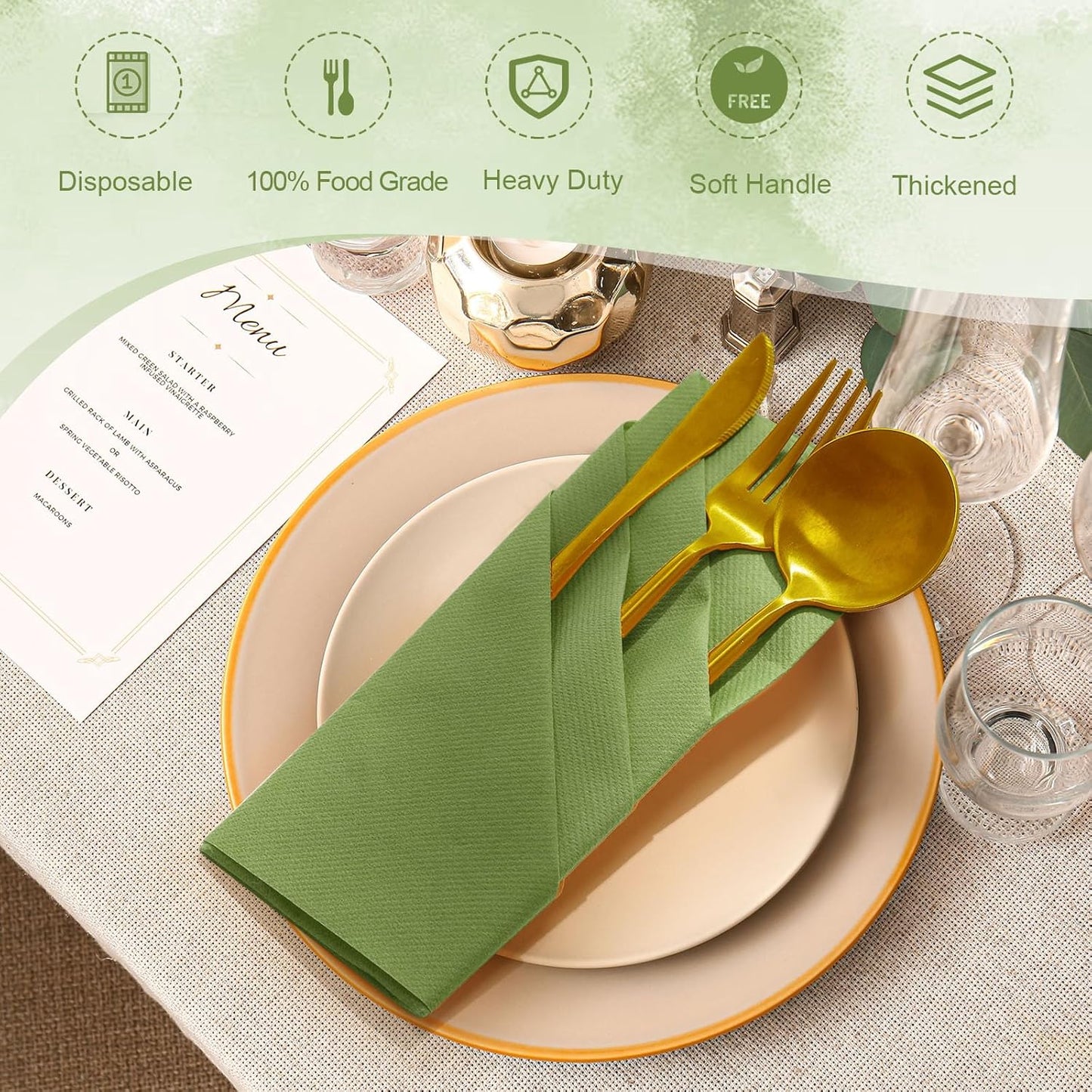 Qilery 50 Pcs Paper Linen Napkins Disposable Airlaid Paper Prefolded Dinner Napkins with Built in Flatware Pocket for Silverware Valentine Wedding Party Christmas Day (Green)
