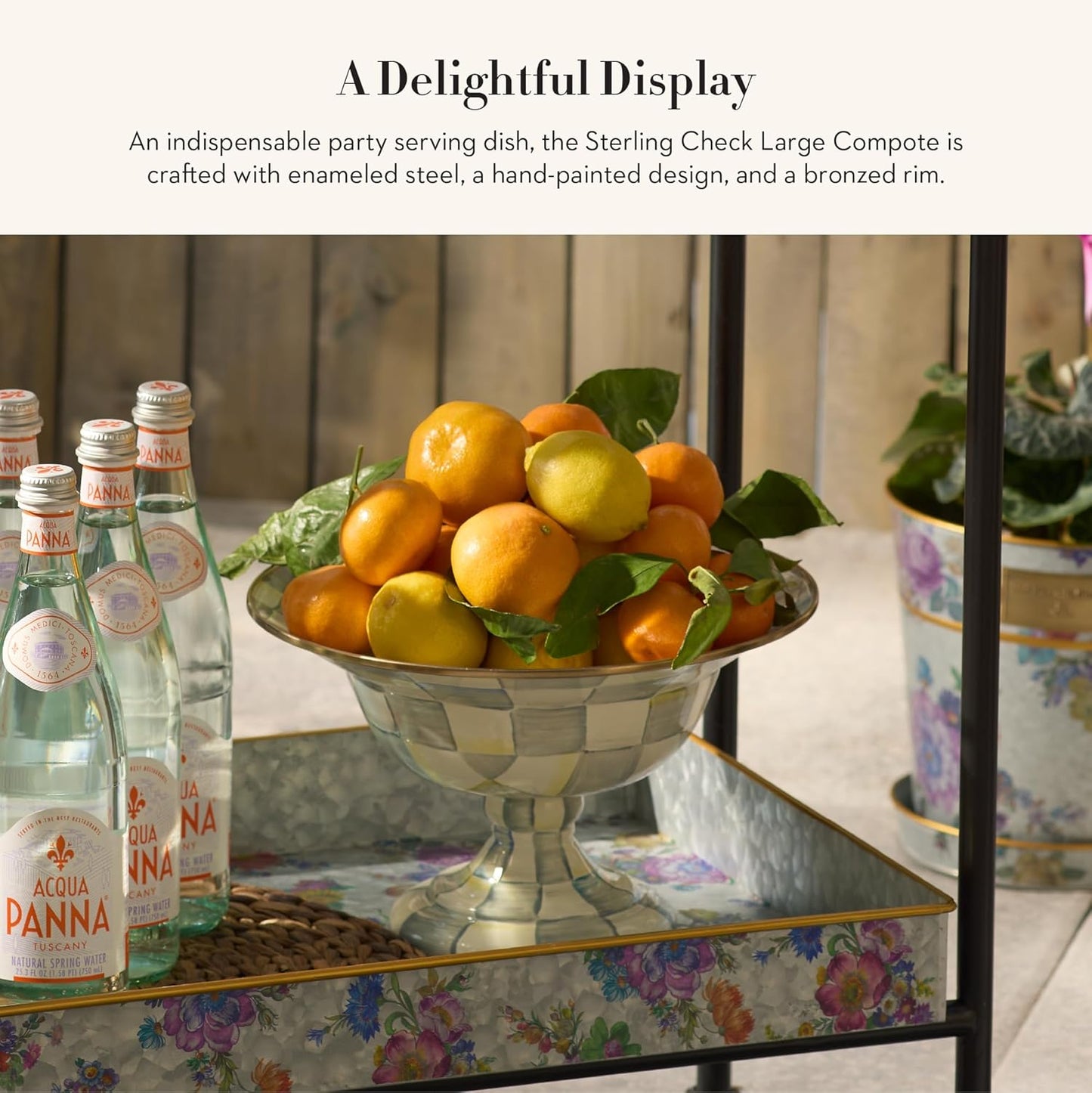 MACKENZIE-CHILDS Enamel Compote, Cute Enamel Pedestal Serving Dish or Decorative Bowl, Large, Gray-and-White Sterling Check