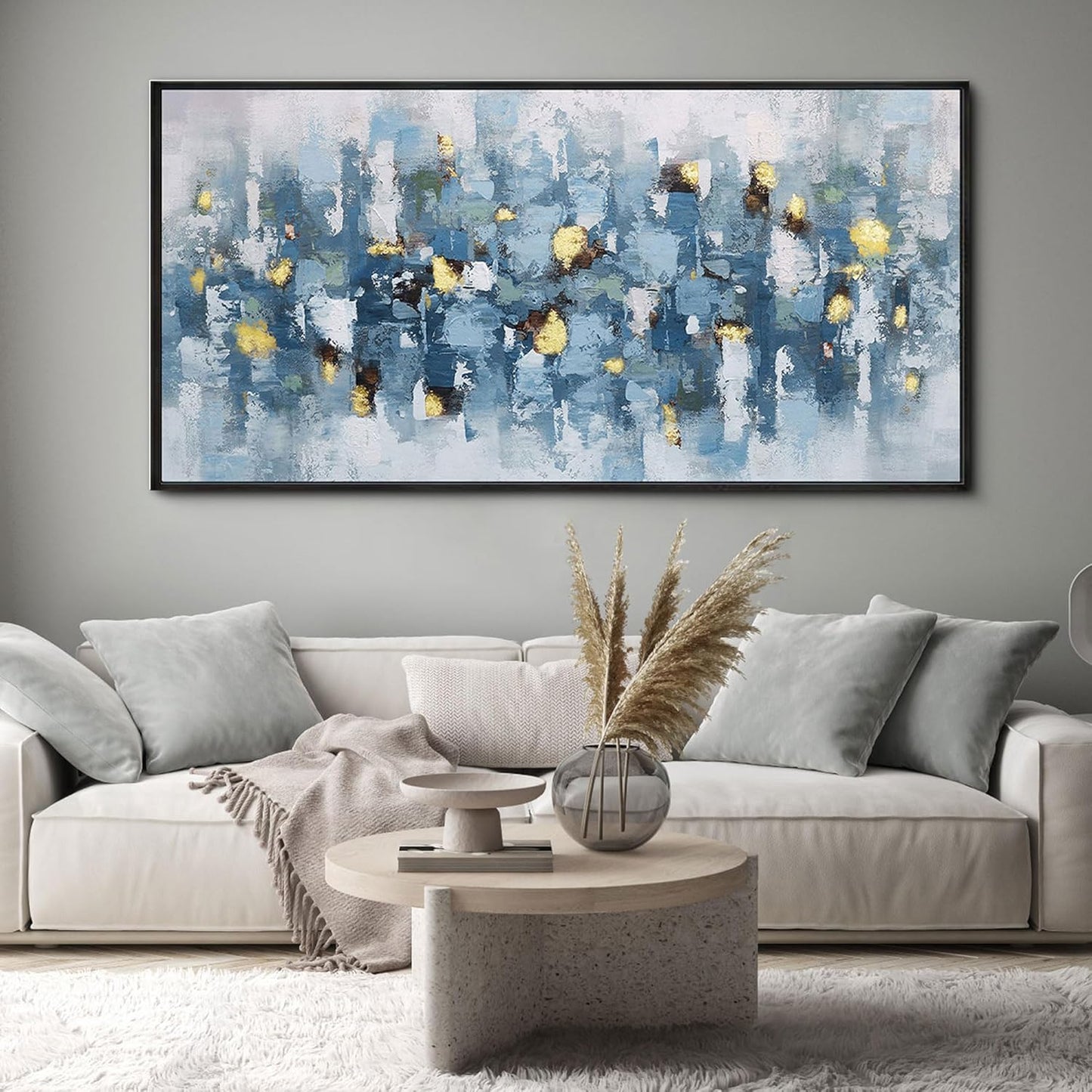 KLAKLA Blue and White Abstract Wall Art - Living Room Wall Decor Gold Picture Artwork for Walls Prints Paintings Framed Canvas Bedroom Office Guest Room Home Decoration 40x20 Inches