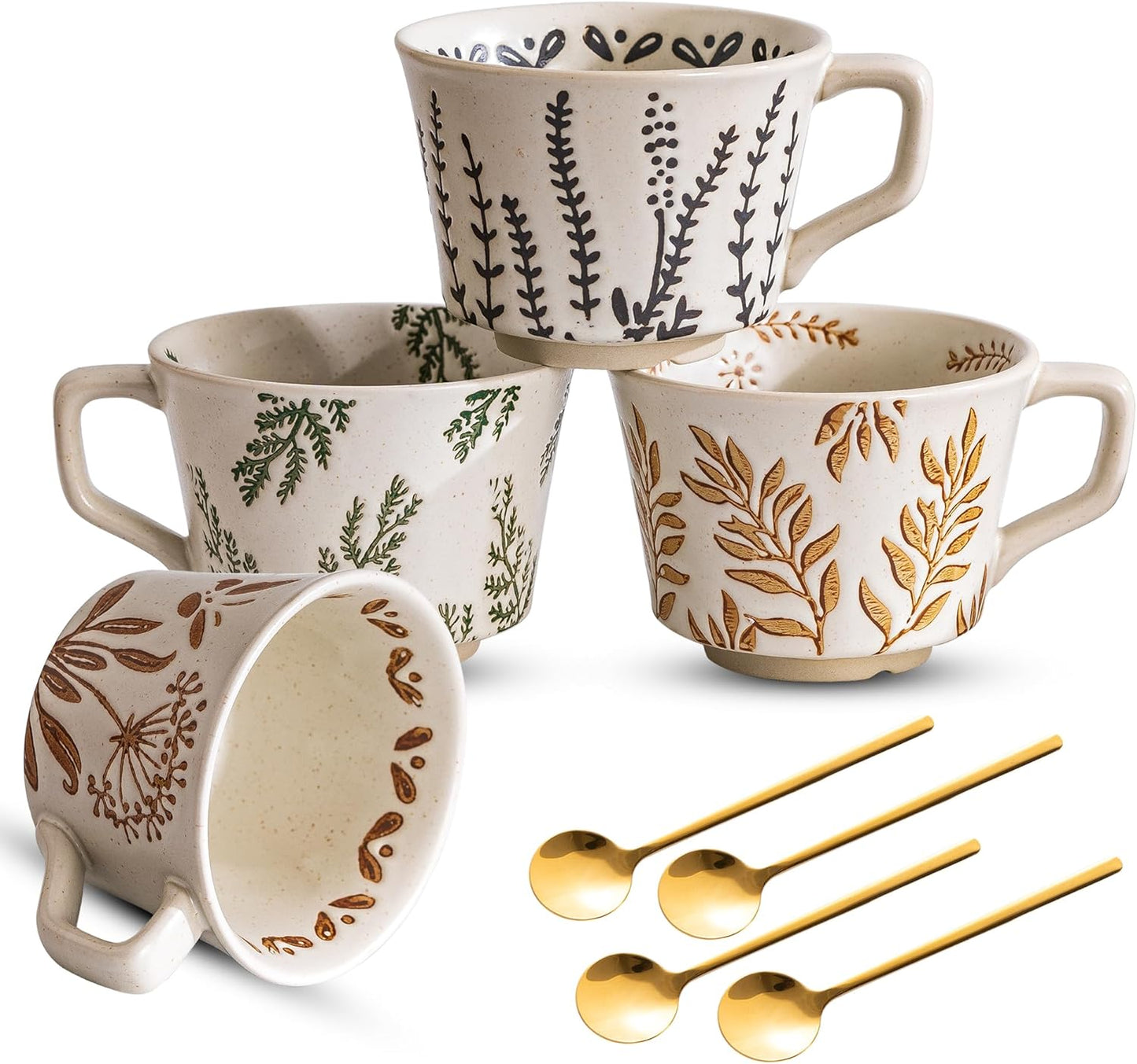 Ceramic Mugs Set of 4, 11oz Cups Set & 4 Gold Spoons, Large Coffee Mugs, Unique Embossment Plant Cups for Latte Tea Cappuccino Mocha Cocoa, Housewarming Wedding Gifts Microwave Dishwasher Safe