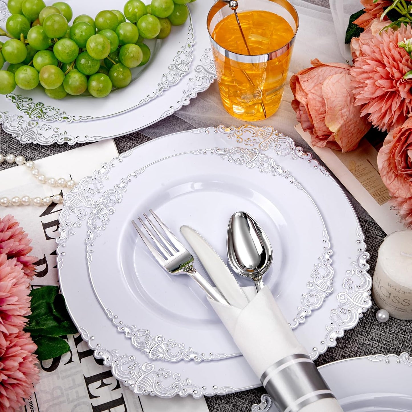 Hioasis 210pcs White and Silver Plastic Plates - Disposable Dinnerware Set Suitable for 30 Guests Include 10.25 Dinner & 7.5 Dessert Plates, Pre Rolled Silverware Set, Cups for Party & Thanksgiving