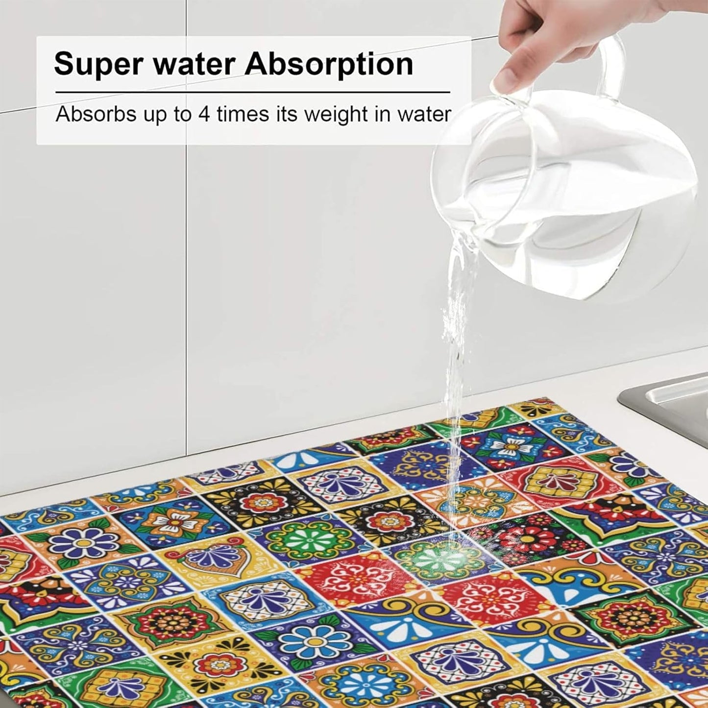 Colorful Mexican Talavera Tile Dish Drying Mats for Kitchen Counter & Sink, Absorbent Microfiber Drying Pad for Dishes, Washable Foldable Bohemian Kitchen Mat for Dining Area & Home Decor, 16" x 18"