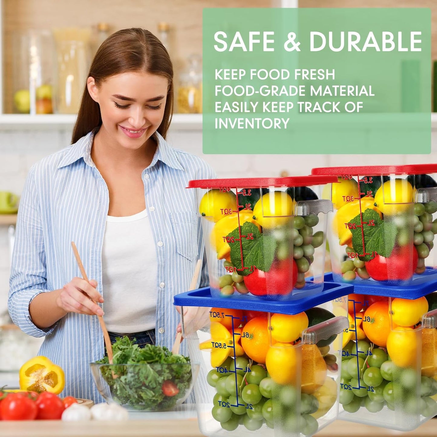 Lallisa 4 Pcs 8 Qt and 4 Qt Clear Food Storage Containers with Lids, Handles and Scales, Commercial Grade Square Containers Polycarbonate Air Tight for Home Storage Kitchen Restaurant(Red, Blue)