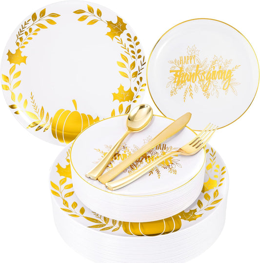 Ciaell 125PCS Thanksgiving Plastic Plate - White and Gold Plastic Plate & Gold Disposed Silverware include 25 Pumpkin Plates, 25 Fall Plates, 25Knives, 25Forks, 25Spoons for Thanksgiving & Party