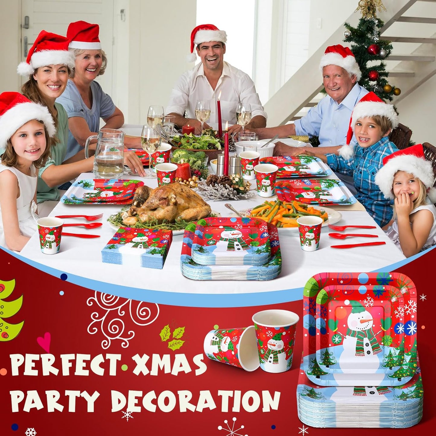 350 Pcs Paper Plates and Napkins Set Disposable Dinnerware Party Supplies Tableware Serve 50 Guest Cups Knife Forks Spoon(Red,Snowman)