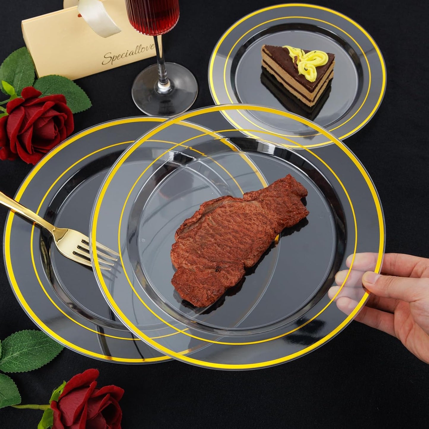 I00000 600Pcs Clear Gold Plastic Plates for 100 Guests, Plastic Dinnerware Set of 100 Gold Disposable Plates, 100 Dessert Plates, 200 Forks, 100 Knives and 100 Spoons Perfect for Party & Wedding