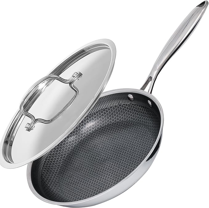 Frying Pan Non Stick 8 Inch with Stainless Steel Lid, Hybrid Non Stick Stainless Steel Skillet Frying Pan, Dishwasher and Oven-Safe Chef Pan, Induction Compatible Cooking Pan, PFOA Free Cookware