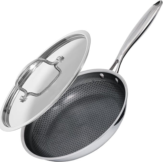 Frying Pan Non Stick 8 Inch with Stainless Steel Lid, Hybrid Non Stick Stainless Steel Skillet Frying Pan, Dishwasher and Oven-Safe Chef Pan, Induction Compatible Cooking Pan, PFOA Free Cookware