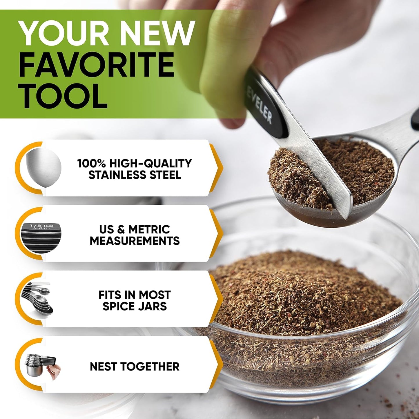 Spring Chef Magnetic Measuring Cups & Spoons Set, Patented, Strong N45 Magnets, Heavy Duty Stainless Steel Fits in Spice Jars for Baking & Cooking, BPA Free, Round Set of 15 with Leveler, Black