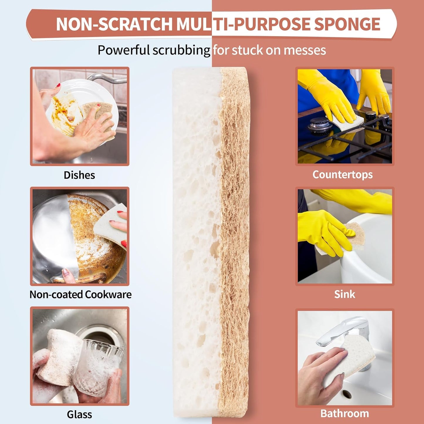 HOMERHYME Natural Dish Sponge 48 Pack, Non-Scratch Scrub Sponge, Eco Multipurpose Kitchen Sisal Fiber Cellulose Sponge, Odor-Less Dual-Sided for Dish Washing & Household Cleaning