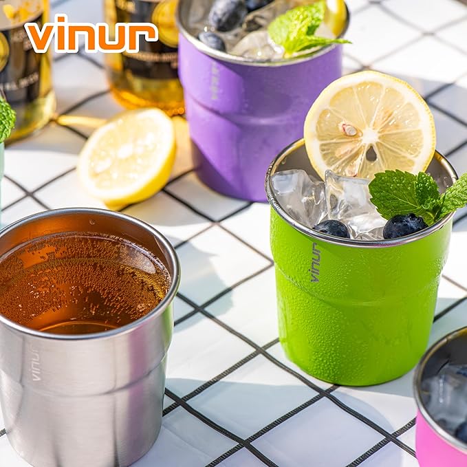 VINUR 4 Pack Stainless Steel Cups 8 oz Pint Tumbler Stackable Metal Drinking Glasses for Travel, Camping, Outdoors (Silver)