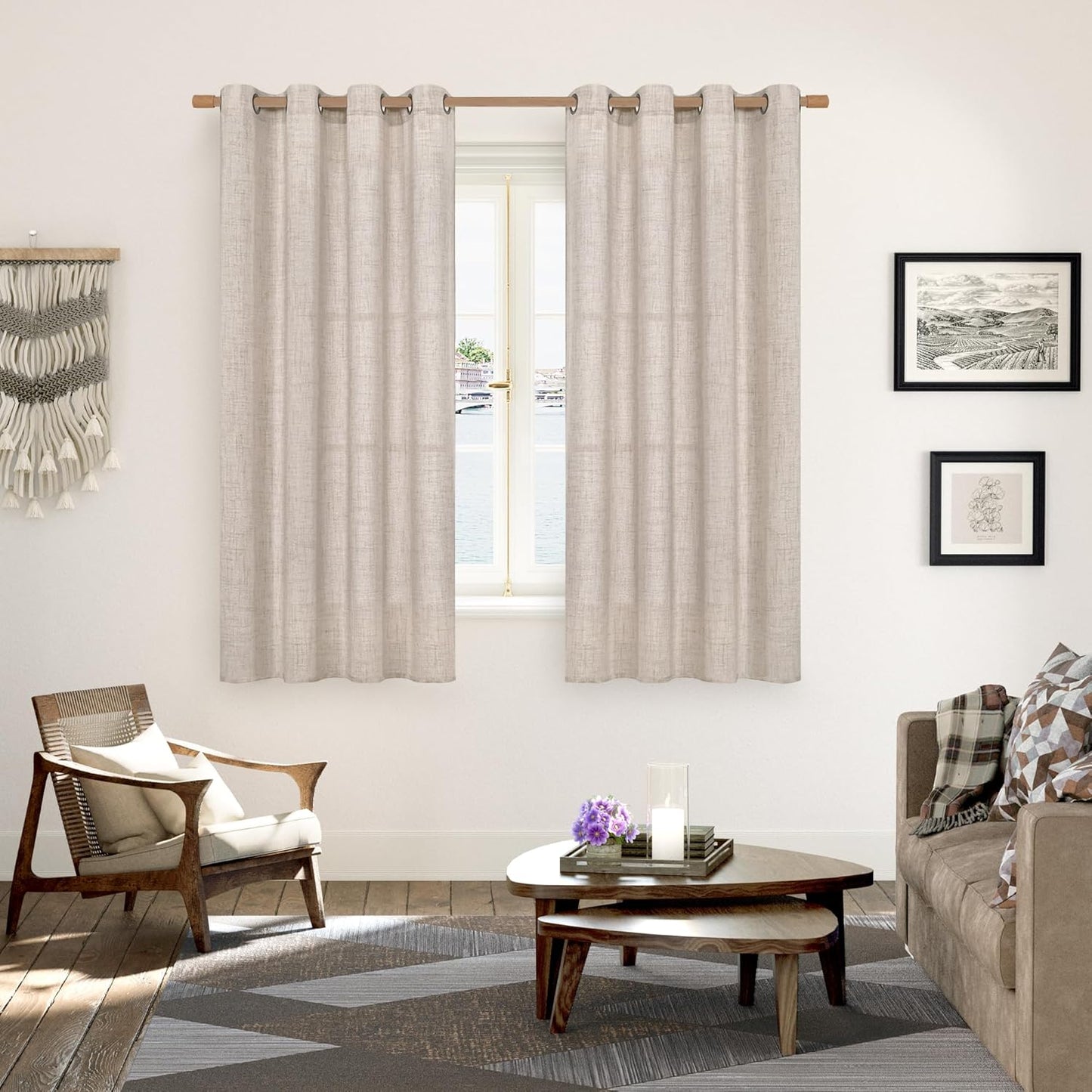 YoungsTex 68 Inch Length Linen Semi Sheer Curtains 2 Panels for Living Room, Light Filtering Textured Drapes with Bronze Grommet Beige Boho Window Treatments for Bedroom Dining, 52 x 68 Inch