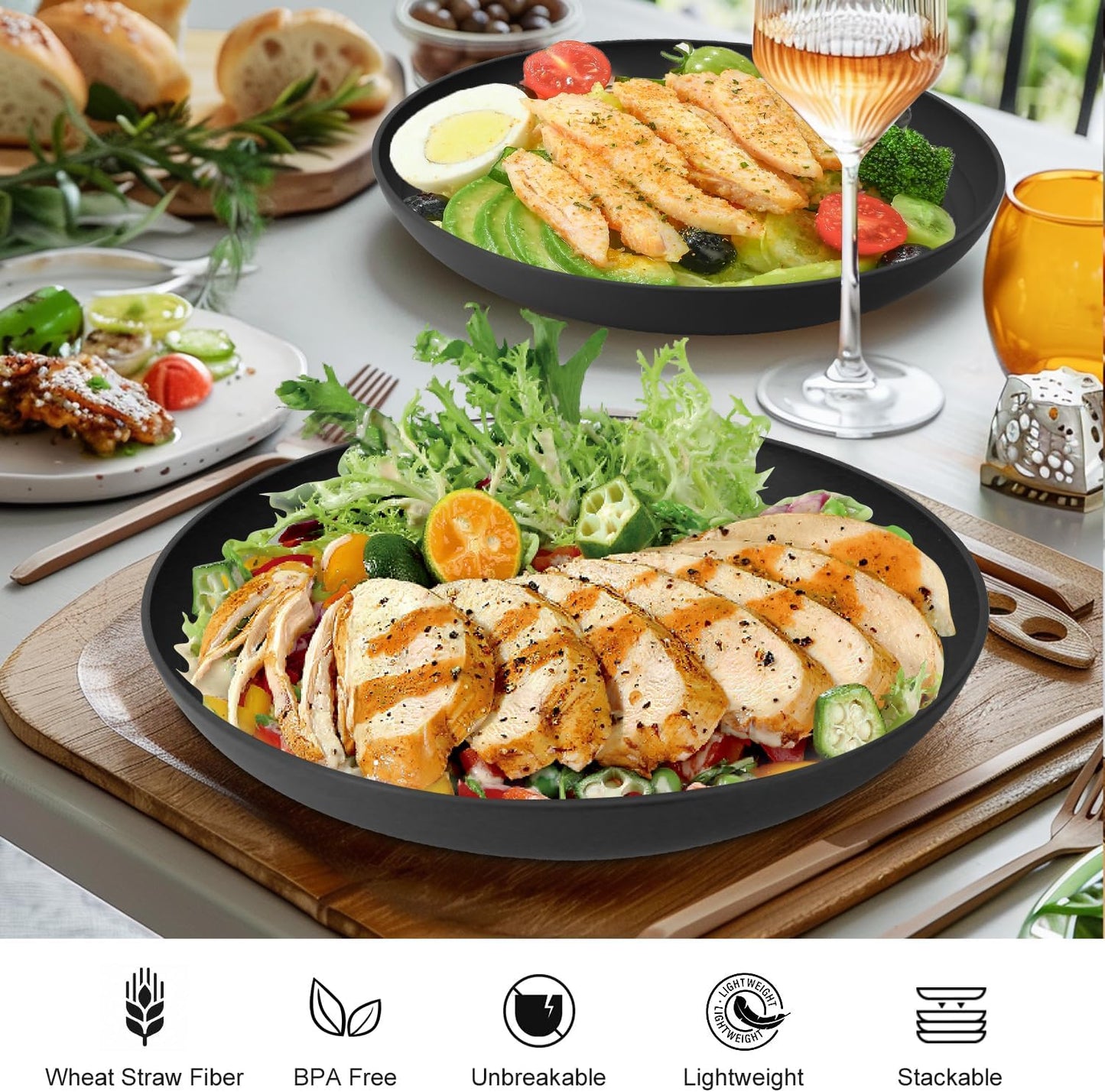 8 Pcs 11 Inch Wheat Straw Plates, Unbreakable Dinner Plates Reusable, Microwave Safe for Kitchen, Set of 8 (Black)