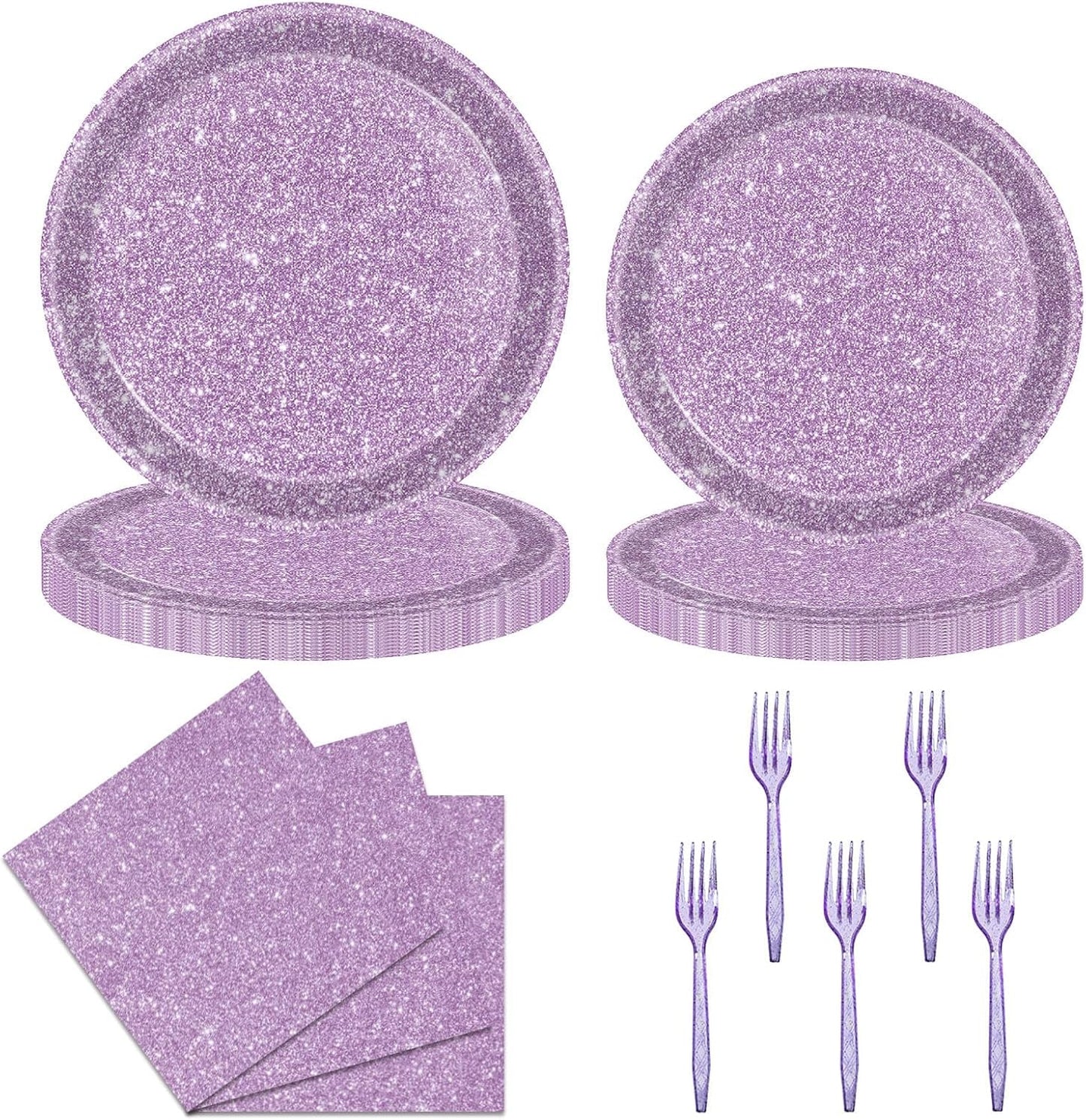 DTDO 96Pcs Pastel Purple Party Tableware Set Paper Plates and Napkins Purple Glitter Party Supplies Dinnerware Set for Women Girl Birthday Party Decorations Wedding Anniversary 24 Guests