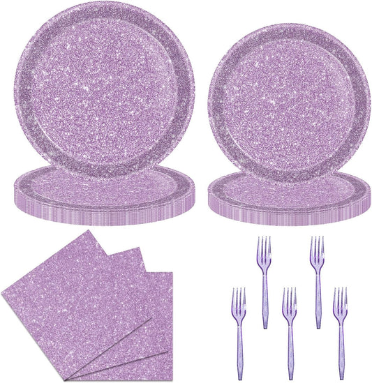 DTDO 96Pcs Pastel Purple Party Tableware Set Paper Plates and Napkins Purple Glitter Party Supplies Dinnerware Set for Women Girl Birthday Party Decorations Wedding Anniversary 24 Guests