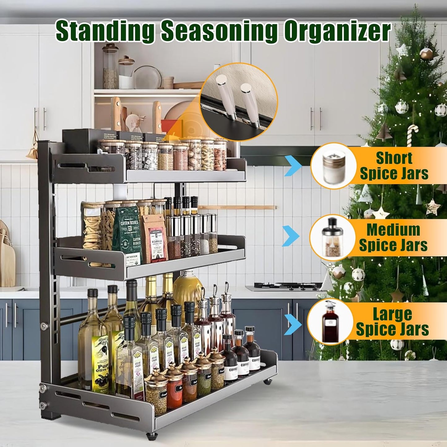 Spice Organization for Cabinet | 3 Tier Standing Height-Adjustable Spice Rack | Large Metal Rust-Proof Seasoning Organizer | Kitchen Storage Organization Shelf for Pantry Bathroom (3-40CM Grey)