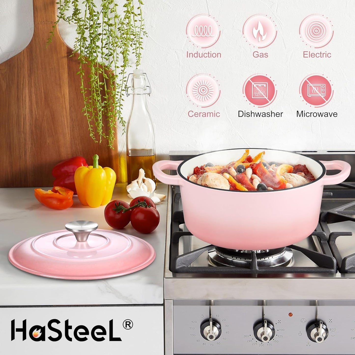 Small 3 Quart Dutch Oven, HaSteeL Round Cast Iron Cooking Pot with Lid, Nonstick Enameled Cookware for Sourdough Bread Baking Roasting Stewing Braising Frying, Heavy Duty & Oven Safe 500℉, Pink