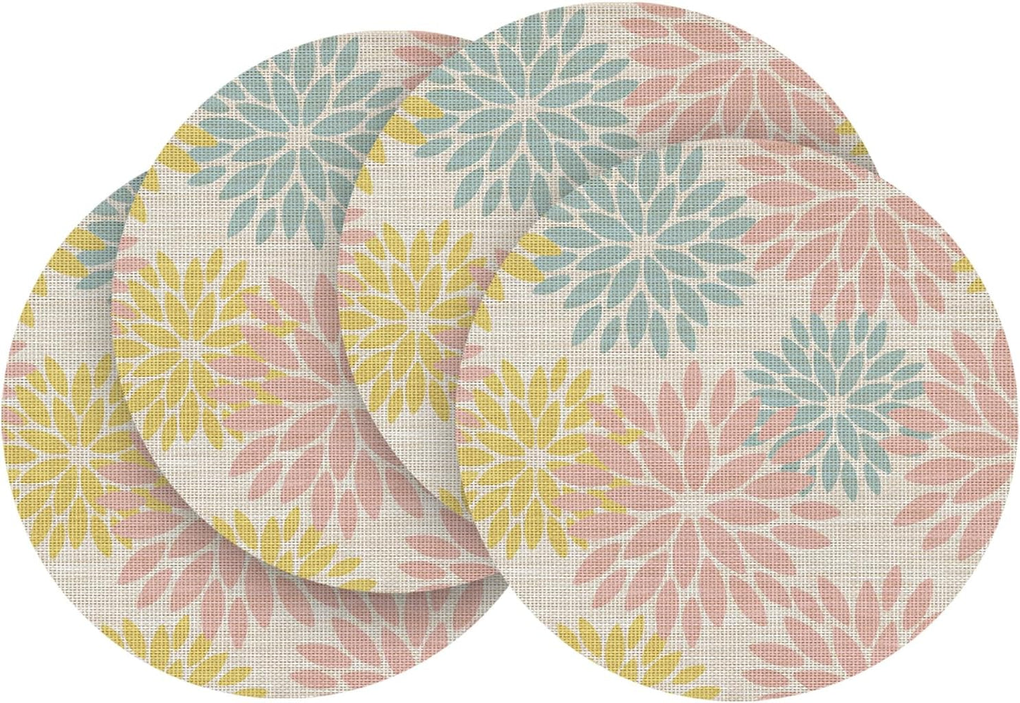 Artoid Mode Floral Vinyl Round Placemats Set of 4, 14 Inch Wipeable Non-Slip PVC Place Mats for Party Kitchen Dining Decor, Pink Blue