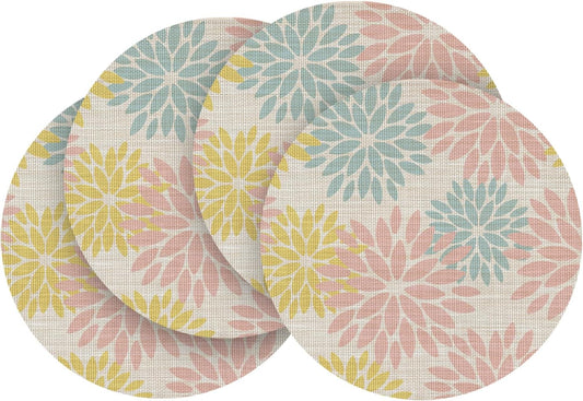 Artoid Mode Floral Vinyl Round Placemats Set of 4, 14 Inch Wipeable Non-Slip PVC Place Mats for Party Kitchen Dining Decor, Pink Blue