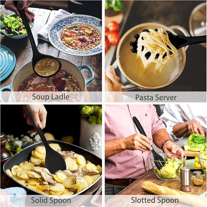 P&P CHEF Silicone Cooking Utensils Set of 7, Heat-proof Kitchen Utensils Set for Nonstick Cookware, Non-stick Spatula, Slotted Turner, Soup Ladle, Pasta Server, Spoon for Cooking Serving - Black