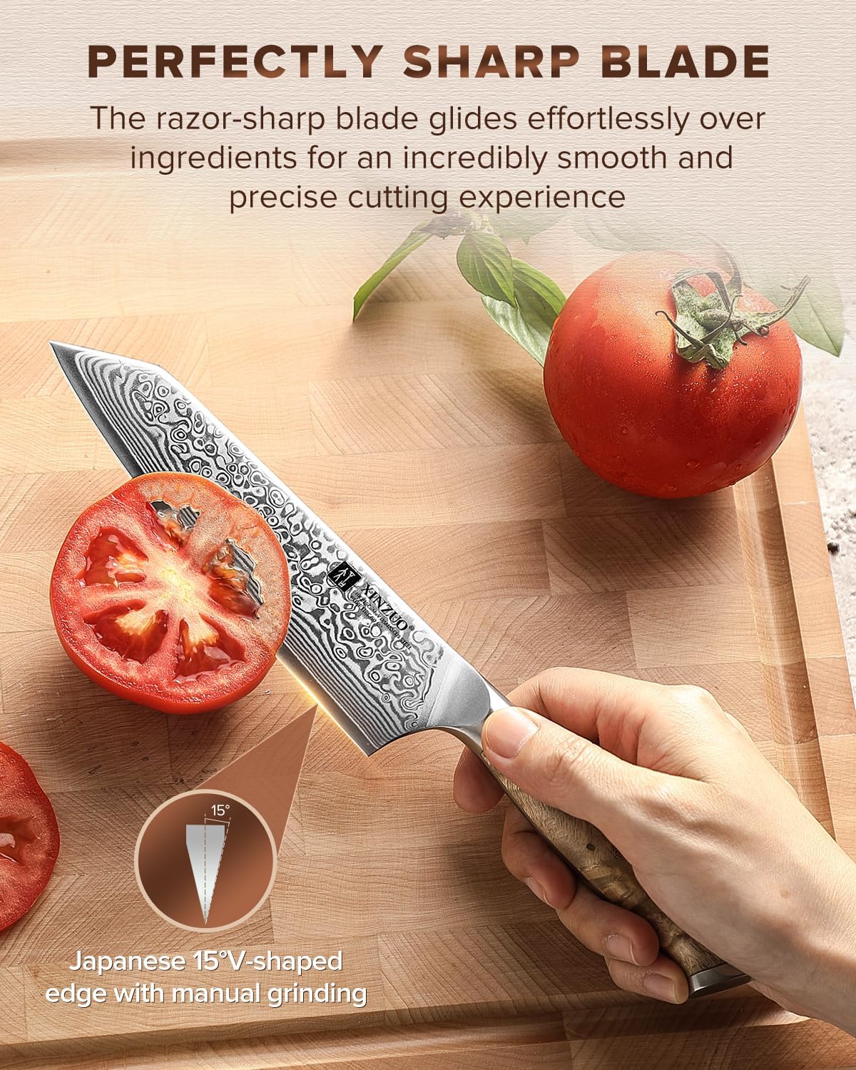 XINZUO Kiritsuke Chef Knife 5.8",Sharp Forged Damascus Stainless Steel Sharp Small Kitchen Knife,For Home & Restaurant,Full Tang Figured Sycamore Wood And Mosaic Copper Rivet Handle