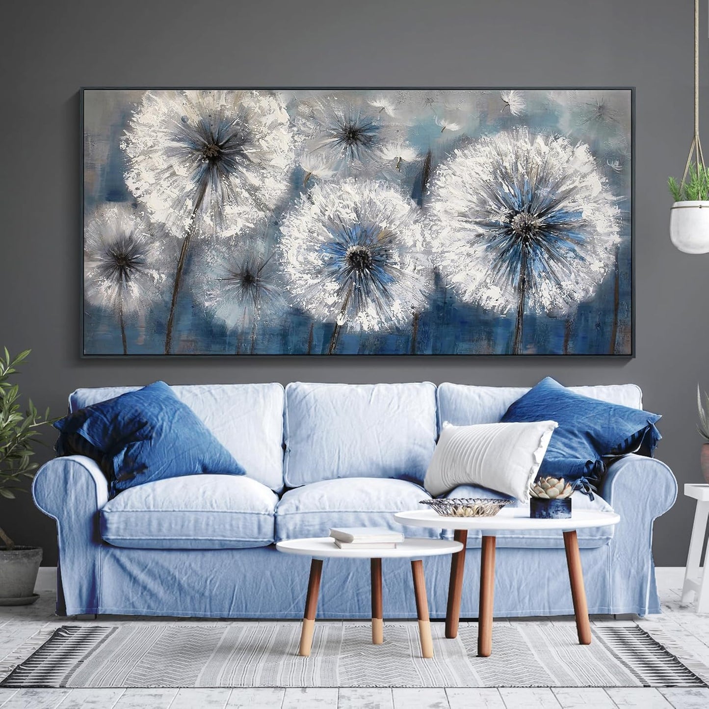 Framed Blue Dandelion Wall Art Decor Canvas Print Picture for Living Room White Flower Flora Plant Home Bedroom Painting Decoration Modern Framed Artwork size 24x48