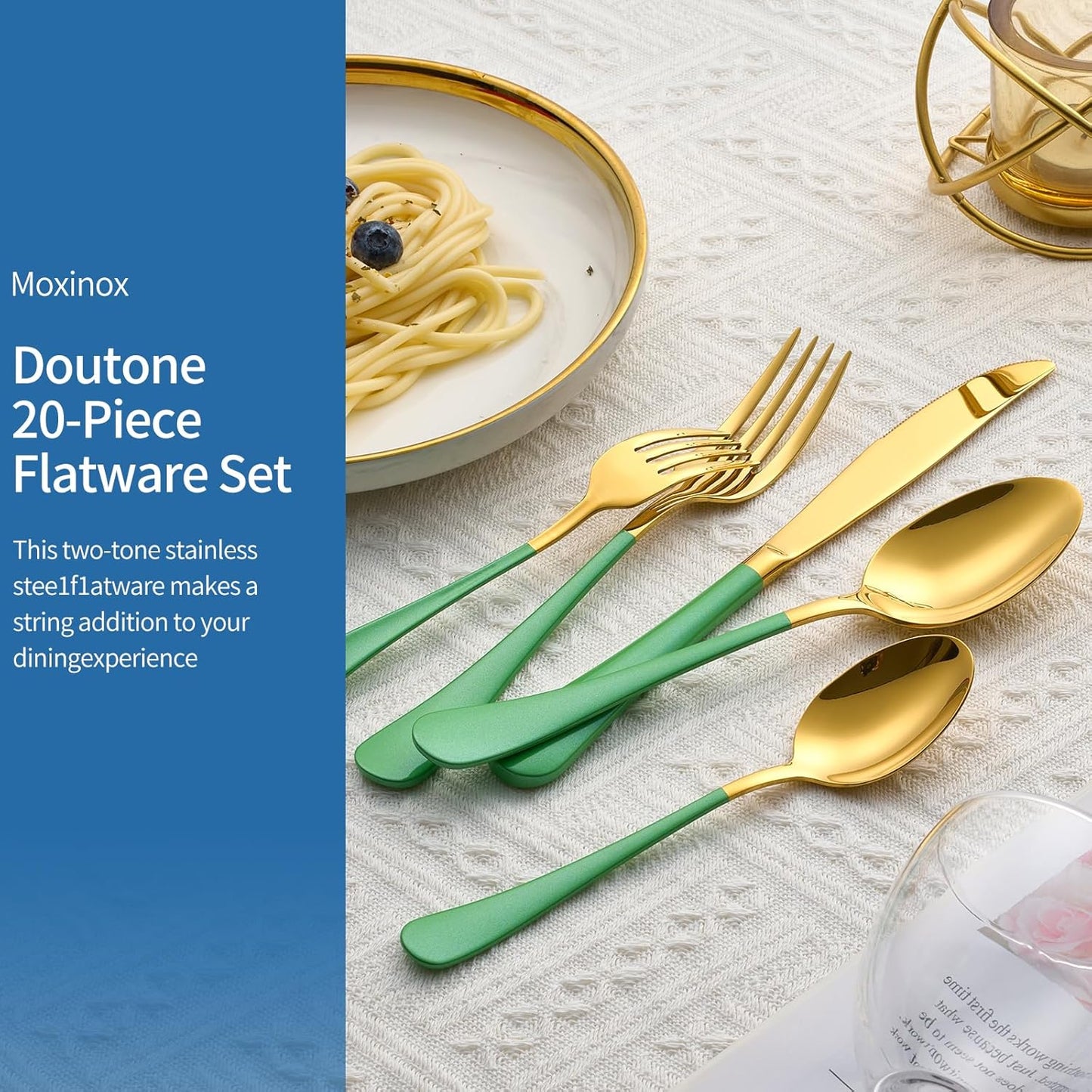 20-Piece Green & Gold Silverware Set, 18/0 Stainless Steel Colorful Handle Flatware Set,Service for 4,Modern Cutlery Set Includes Dinner Knives Forks Spoons,Mirror Polished,Dishwasher Safe