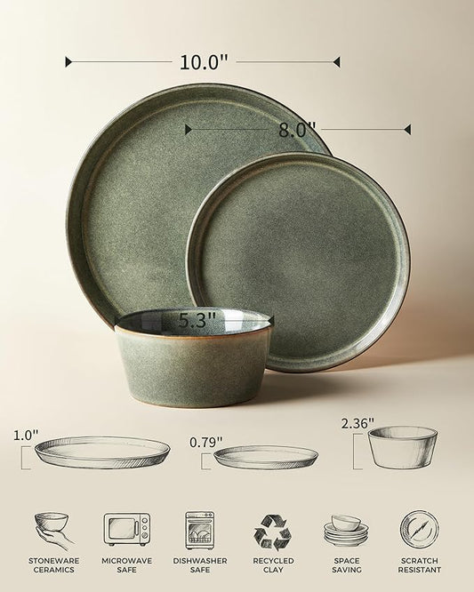 Dinnerware Sets, Microwave Safe Plates and Bowls Sets, Dishes Set for 4, Chip & Scratch Resistant Dinner Set, Reactive Glazed Farmhouse Dishware Sets, Green Wheat