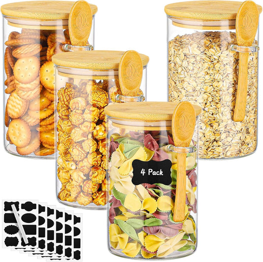 Glass Containers with Bamboo Lids and Spoon - 4 Pack 32 Fl.oz Round Glass Storage Jars Set, Includes Labels and Marker, Kitchen Pantry Container for Loose Leaf Tea, Sugar, Coffee, Cookie, Oats