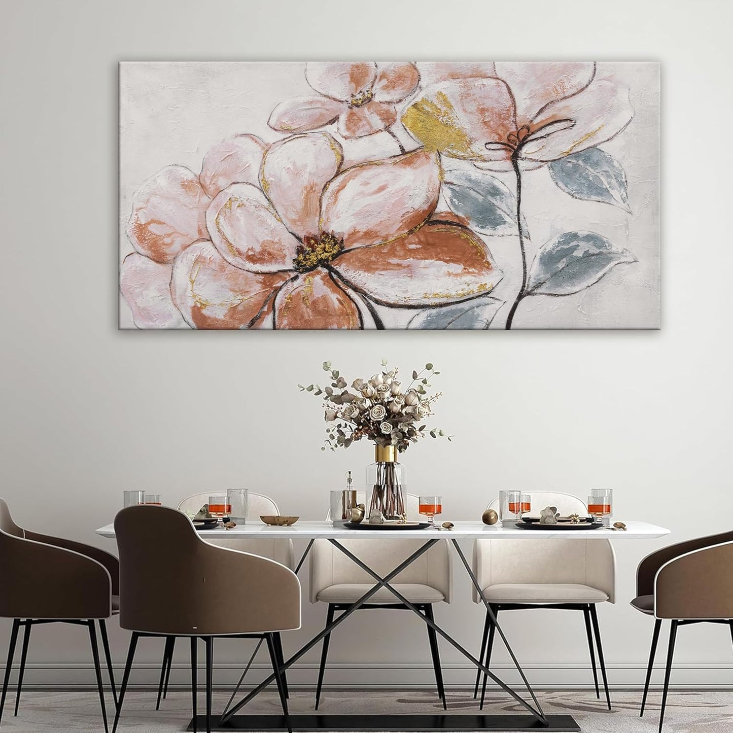 YISXINOAG Canvas Wall Art Living Room Home Wall Decor Modern Canvas Art Wall Decor 29x58 Inches Elegant Brown Pink Flower White Wall Art Picture For Bedroom Dining Room Office Artwork