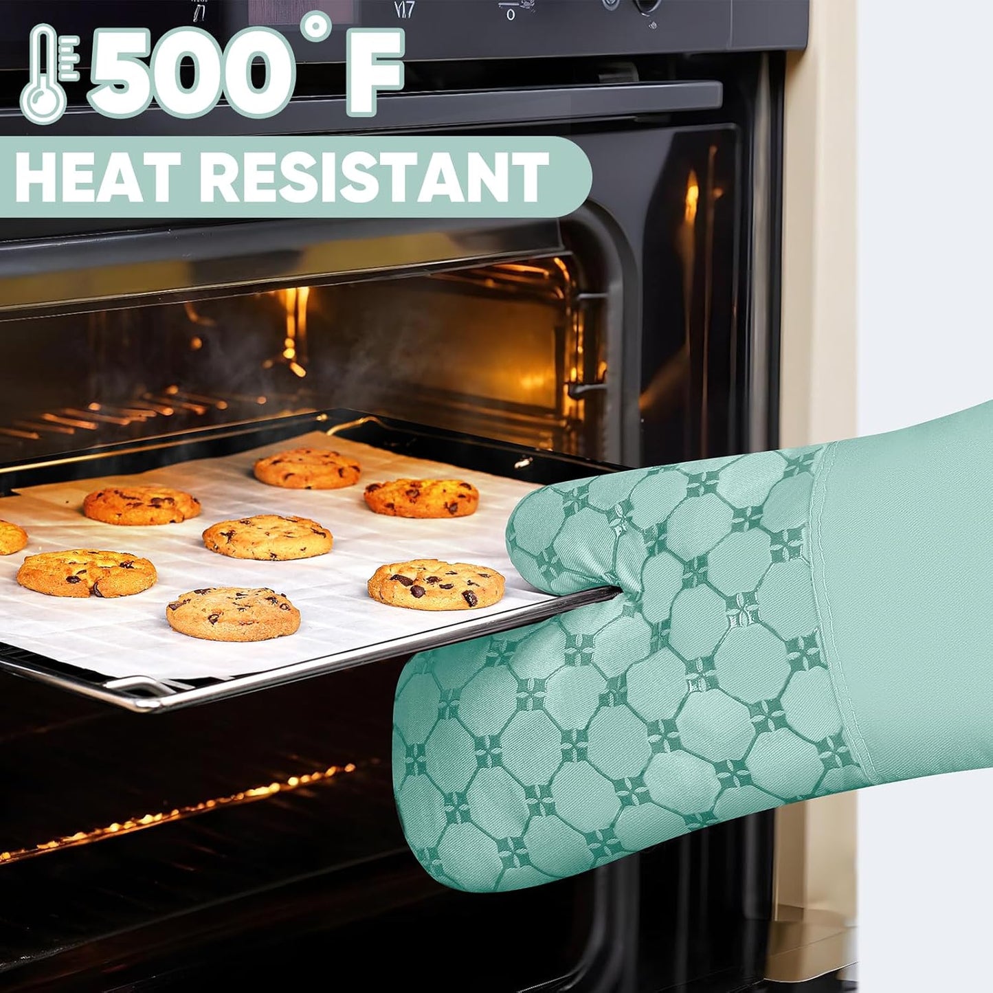 Oven Mitts Kitchen Towels Dishcloths with Pot Holders Sets 12PCS,Dish Towels Sets,Oven Gloves Pot Pads Heat Resistant 500 Degrees with Non-Slip Silicone Surface for Cooking Baking Grilling-Mint Green