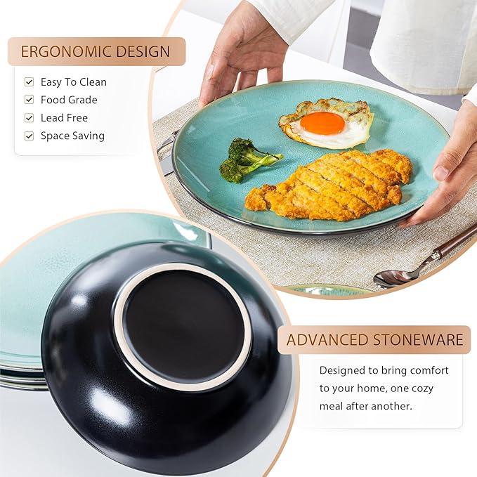 Plates and Bowls Sets for 4 - CJDC-QUELO 12-Piece Stoneware Dinnerware Sets, Ceramic Dishware Set for Kitchen Use and Formal Dining, Chip and Scratch Resistant Microwave Dishwasher Safe, Green
