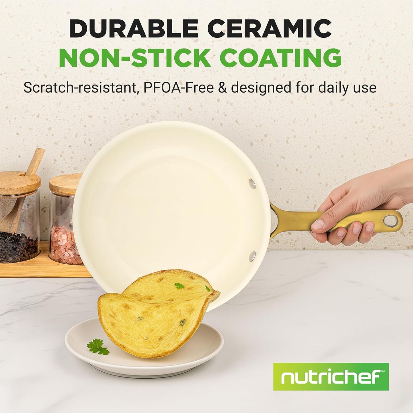 NutriChef 10-Inch Professional Ceramic Frying Pan - Medium Skillet with Golden Titanium Handle, Non-Stick Ceramic Coating, Stain-Resistant, Easy to Clean, Ideal for Home Cooking
