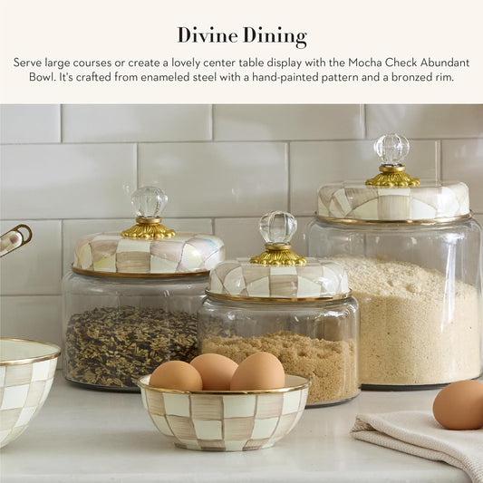 MACKENZIE-CHILDS Enamel Abundant Bowl, Decorative or Serving Bowl, 13-Cup Capacity, Brown-and-White Mocha Check