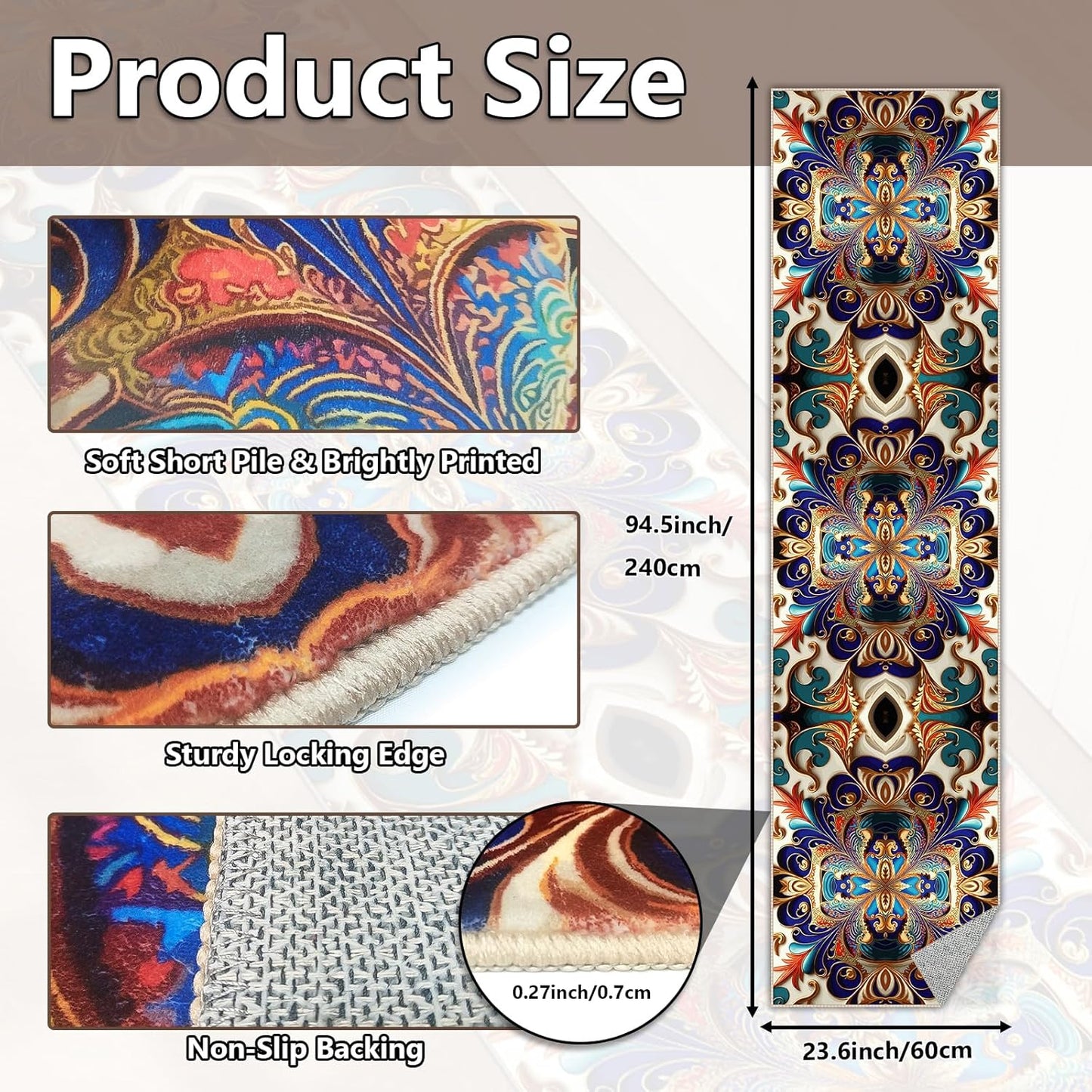 Washable Corridor Runner Rug, Non-Slip Vintage Hallway Rug Runner with Upgrade Rubber Backing, Stain Resistant Faux Wool Distressed Carpet for Bedroom Kitchen Laundry Corridor Balcony (94.5" x 23.6")