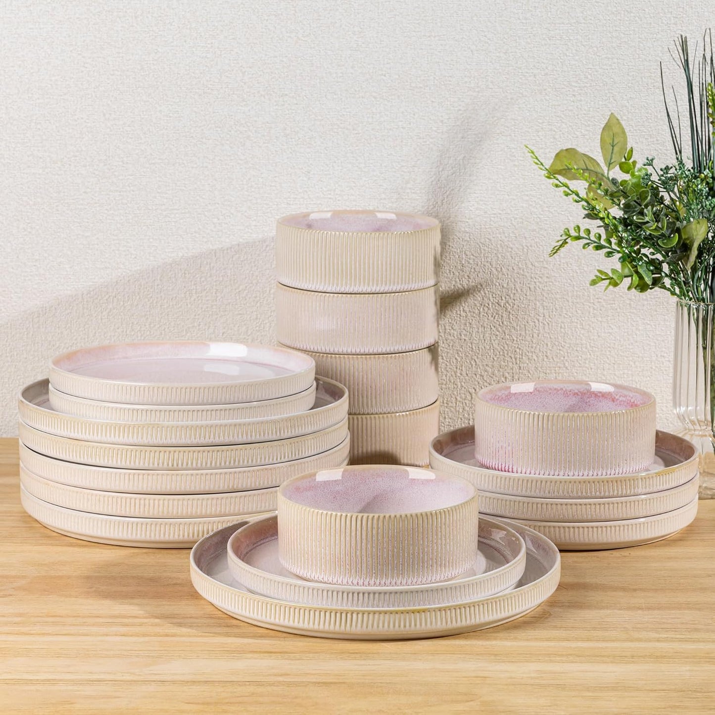 TheTerra Ceramic Dinnerware Sets for 6, 18 Pieces Porcelain Lightweight Speckled Plates and Bowls Sets, Scratch Resistant Dish Set, Oven & Microwave & Dishwasher Safe, Primrose Pink