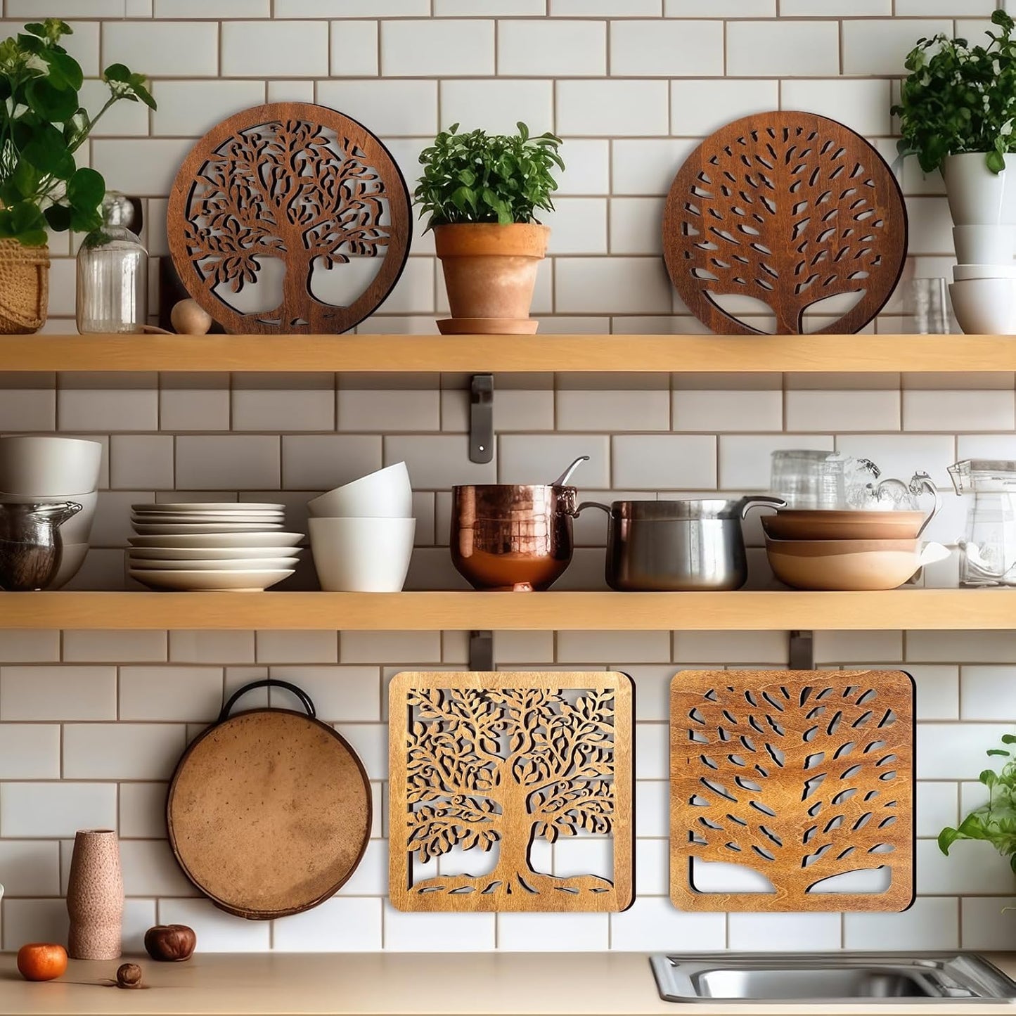 5 Pcs Life Tree Wooden Trivets with Storage Rack Hot Pads Trivets for Hot Dishes Pots and Pans Heat Resistant Mat Set Tea Pot Holders for Kitchen Dining Table(Light Wood)