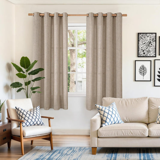 YoungsTex Oatmeal Linen Semi Sheer Curtains 63 lnch Length 2 Panels, Tan Light Filtering Window Drapes Textured with Bronze Grommet for Bedroom Living Room Farmhouse, 52 X 63 Inch