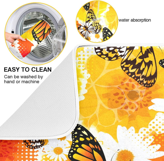 Yellow Flowers Butterfly Dish Drying Mats 18 x 24 Inch Super Absorbent Microfiber Dish Drainer Rack Mats Soft Heat Resistant Drying Protector Pad for Kitchen Counter Sinks Dining Table