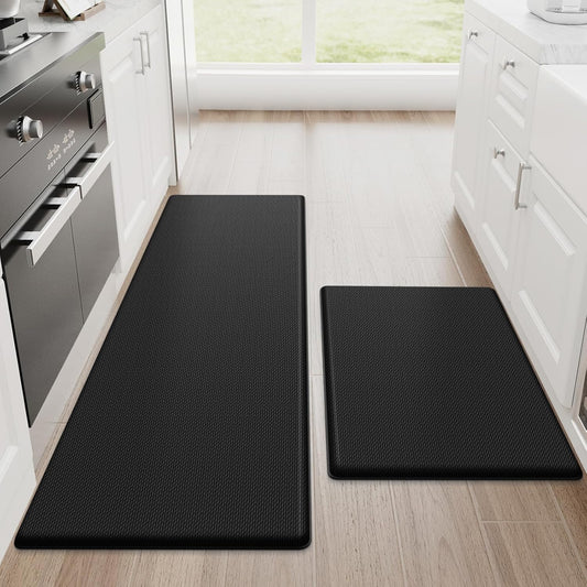 StepRite Kitchen Mats, 2PCS Kitchen Rugs, Cushioned Anti Fatigue Kitchen Mats for Floor, Non-Slip Standing Desk Mat, Waterproof Kitchen Rug Set for Kitchen, 20" x 32"+20" x 48"-0.47 inch Thick, Black