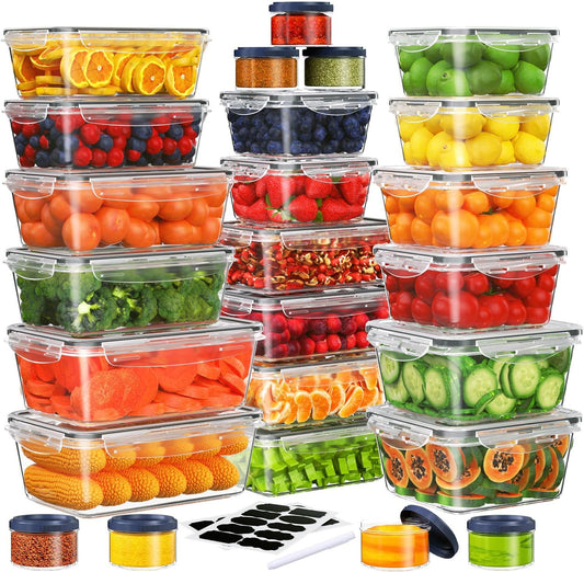 50 PCS Food Storage Containers Set, Plastic Food Containers for Pantry Kitchen Storage and Organization, Microwave and Dishwasher Safe, Leakproof & BPA-Free with Labels Pen(25 Containers & 25 Lids)