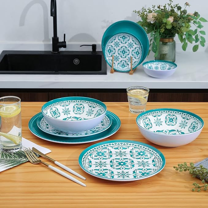 Melamine Dinnerware Set 12-Piece (Service for 4) – Dishwasher Safe, Unbreakable Lightweight Plates & Bowls for Indoor/Outdoor Use – Patio, Kids, Camping