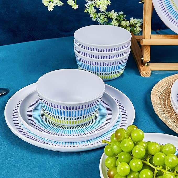 Melamine Dinnerware Set of 12 Pcs Dinner Dishes Set Bowls and Plates for Indoor and Outdoor with Unbreakable Non-breakable Lightweight Dining Tableware